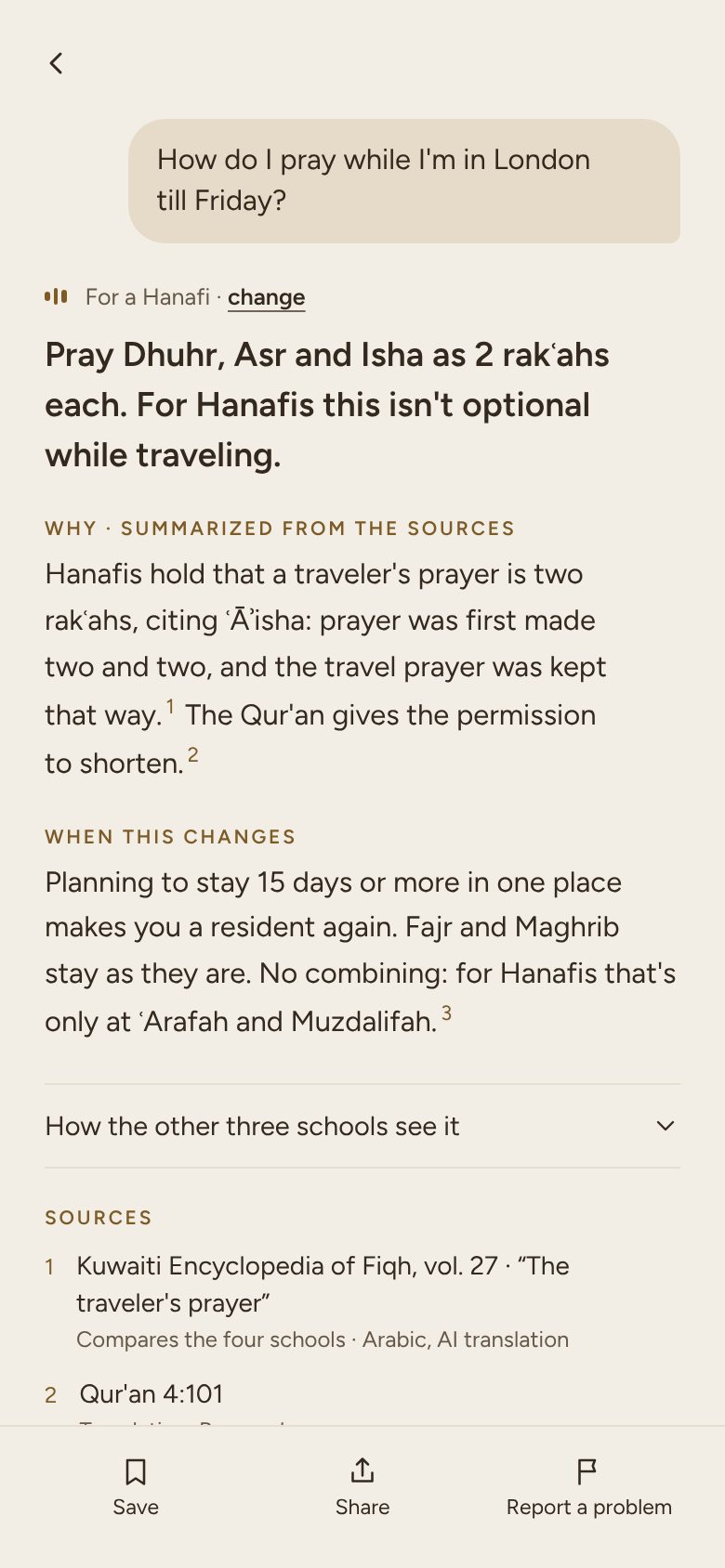 A full answer in Hilm to a question about praying while travelling, with the reasoning and a numbered list of sources.