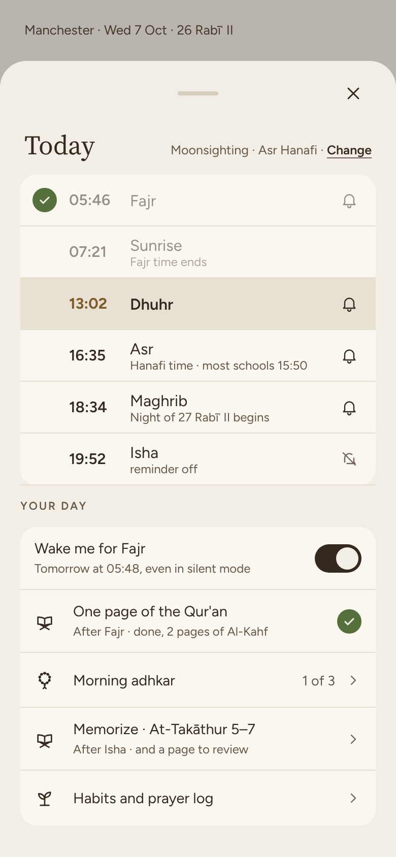 Hilm’s Today screen: the five prayer times for the day in Manchester, with reminders and a short list of daily practices.